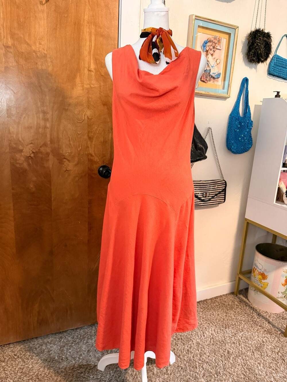 Signature by Robbie Bee Linen Blend Cowl Neck Midi Dress Scarf Size 6